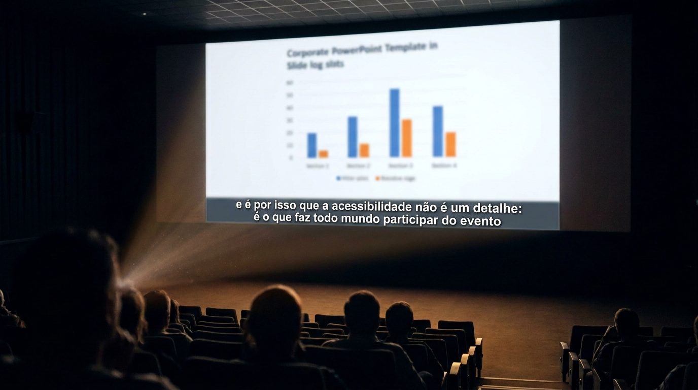 Auditório com plateia e telão projetando um slide de apresentação, com a legenda ao vivo na parte de baixo