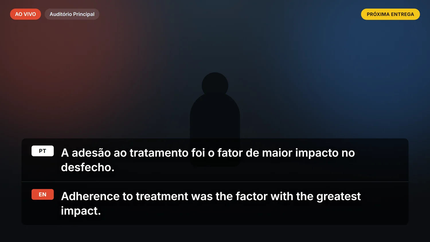 Telão exibindo a mesma fala em português e em inglês, uma linha sobre a outra