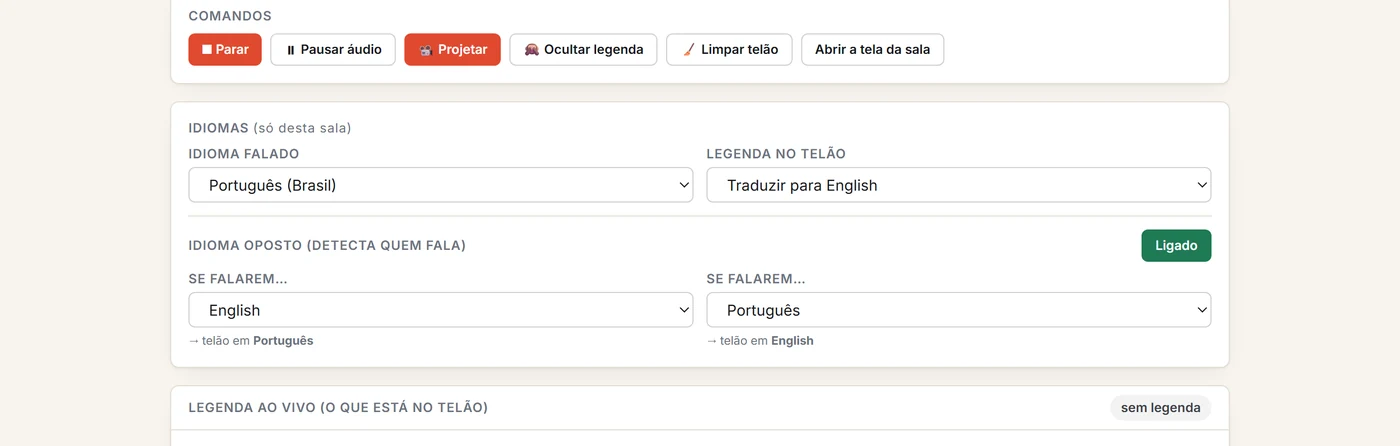 Tela de controle da sala com a regra de idioma automático: se falarem inglês, telão em português